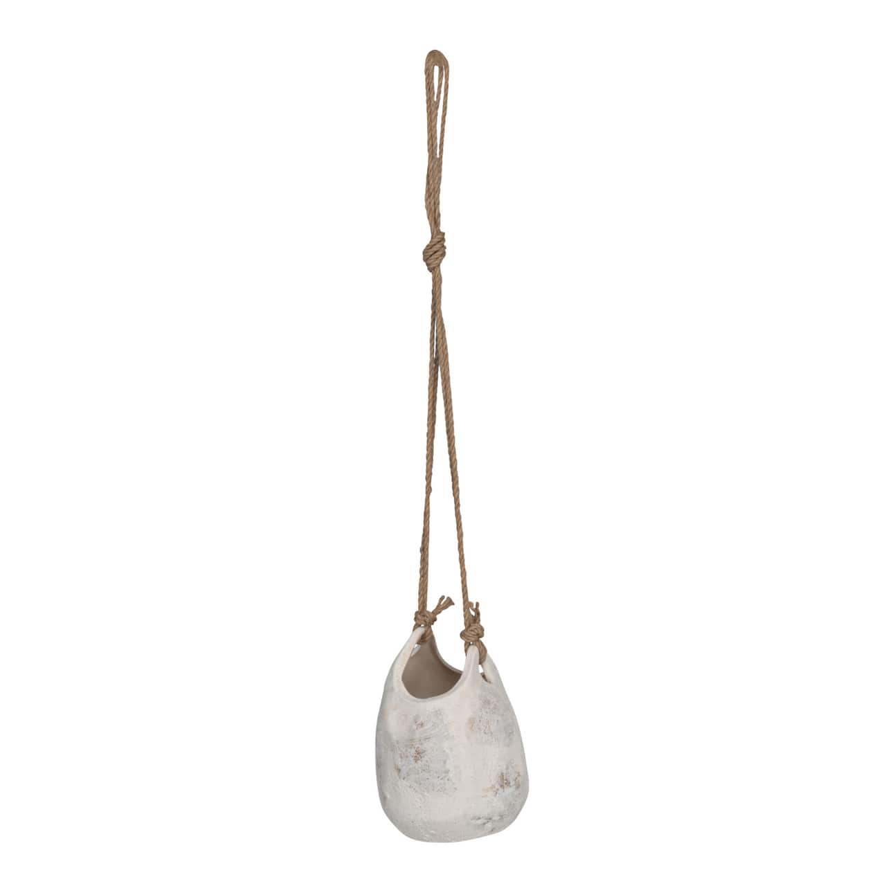 Hello Honey® 9.5" White Distressed Volcano Finish Hanging Stoneware Planter with Jute Rope Hanger